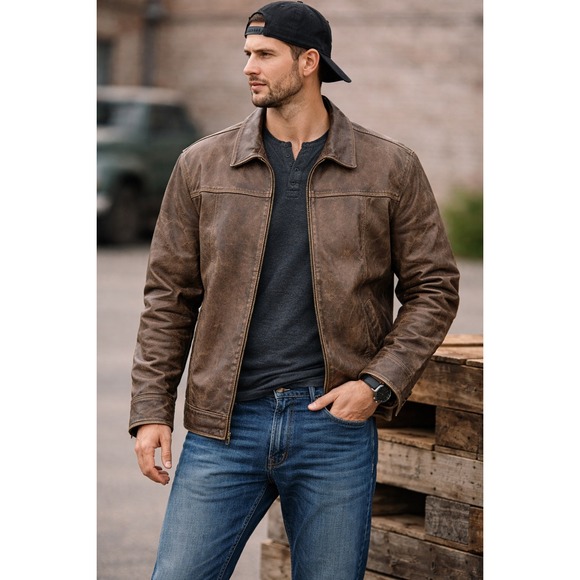 Rajopee Distressed Brown Leather Jacket Rugged Workwear Trucker Men's SZ L
